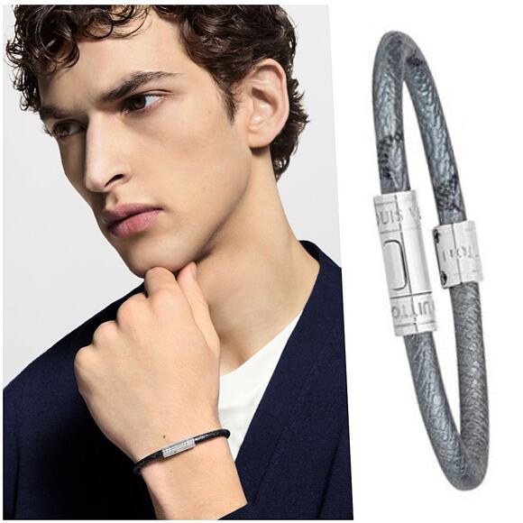 MINT Louis Vuitton Mens Grey Leather Silver Monogram Split Bracelet - Picture 1 of 9